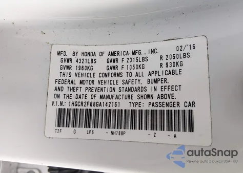 2016 Honda Accord Sport z USA, uszkodzony, nr VIN 1HGCR2F68GA142161